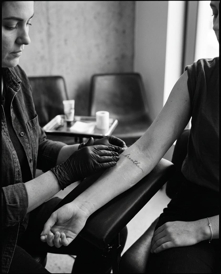Gloved artist smoothing second-skin film over a fine line script tattoo on a client's forearm