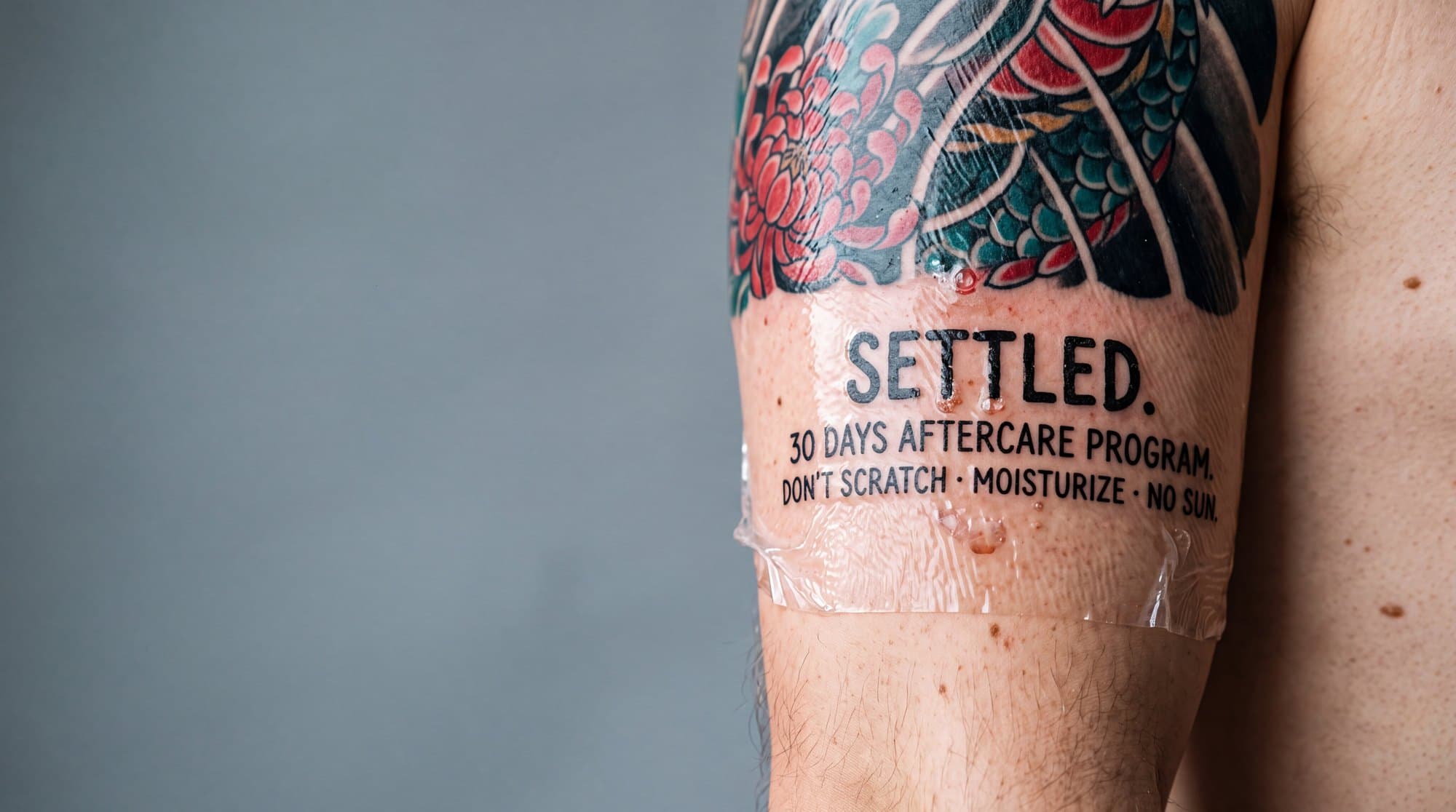 Japanese traditional tattoo under second-skin film printed with: Settled, 30 days aftercare program