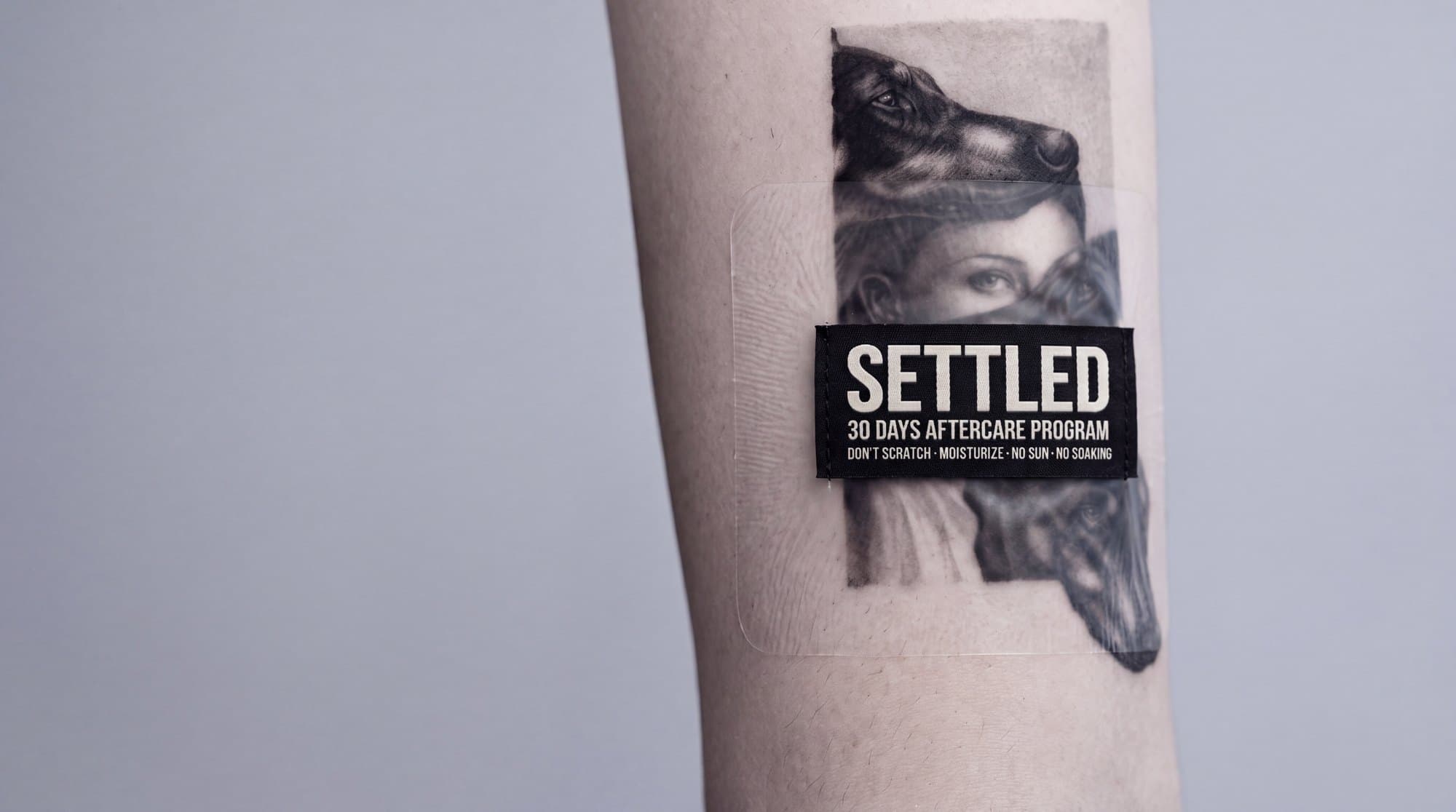 Black and grey tattoo under film with a Settled aftercare label