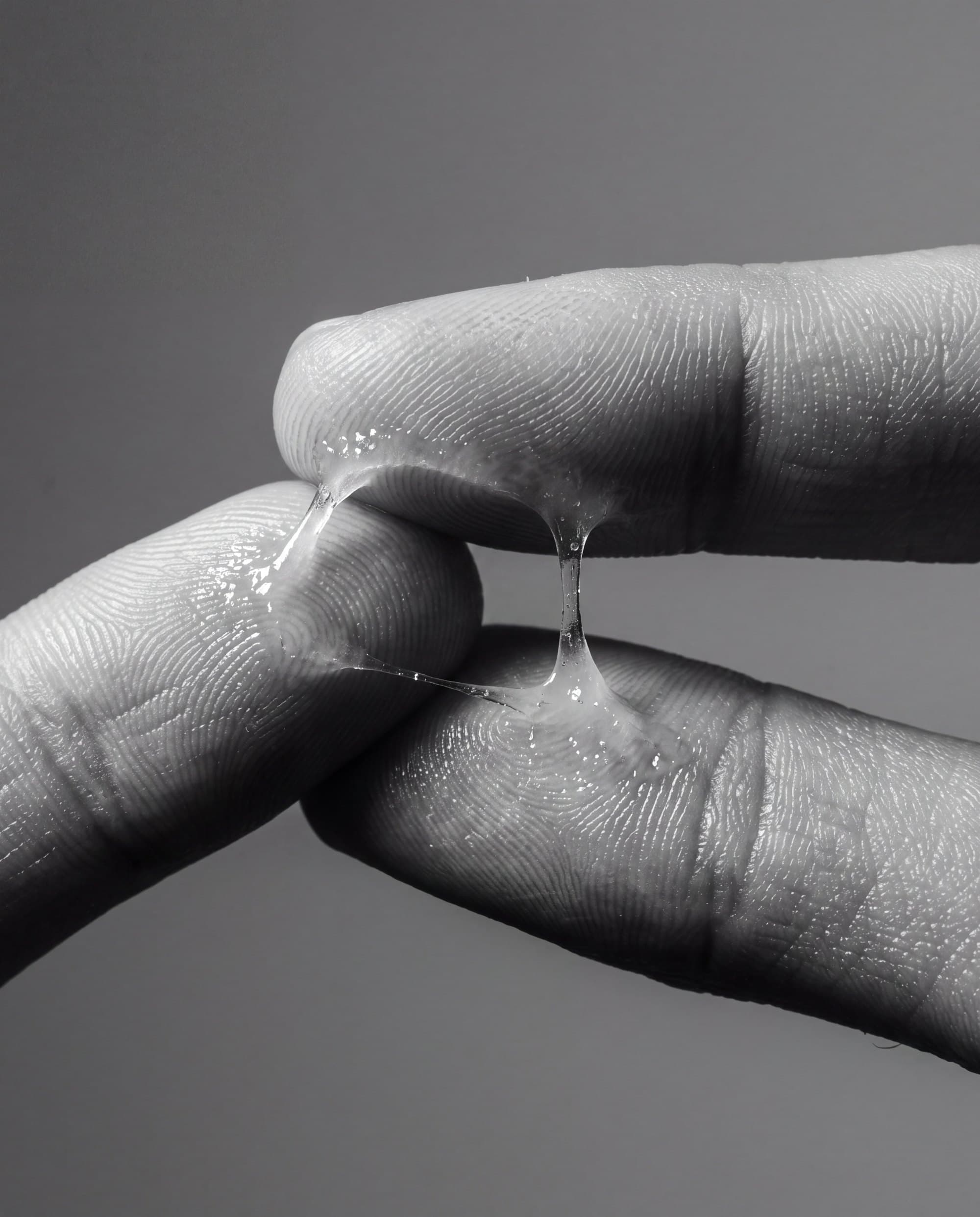 Macro of two fingertips with a thin layer of balm between them